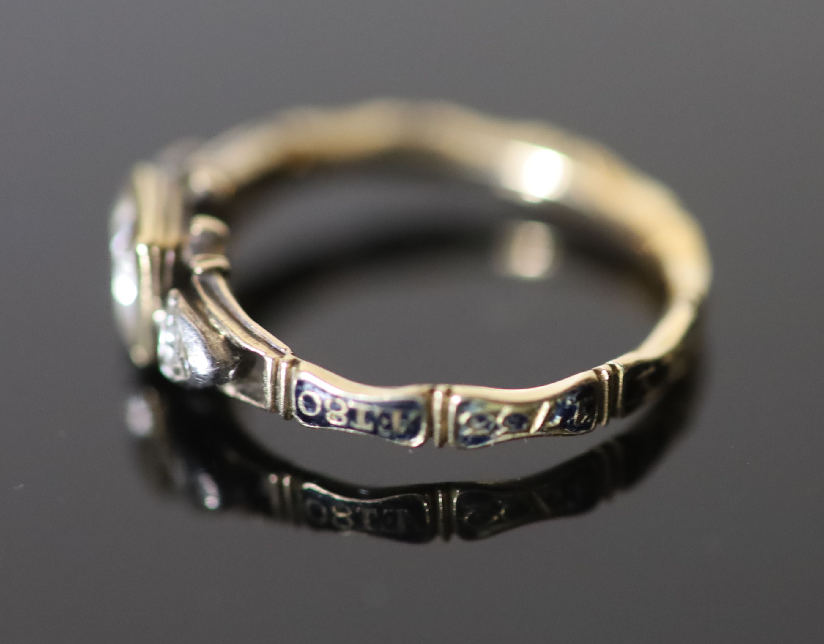 An early George II gold, rock crystal rose cut diamond and black enamel memento mori ring,